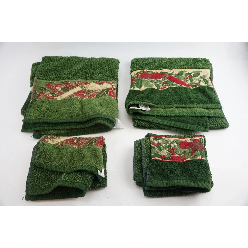Santens Towel Set 4 Piece Green Holly Bow Pine Christmas‎ Holiday Cotton EUC